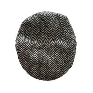 Hanna Hats Mens Gray Black Her­ring­bone Tweed Clas­sic Flat Newsboy Cap Size M